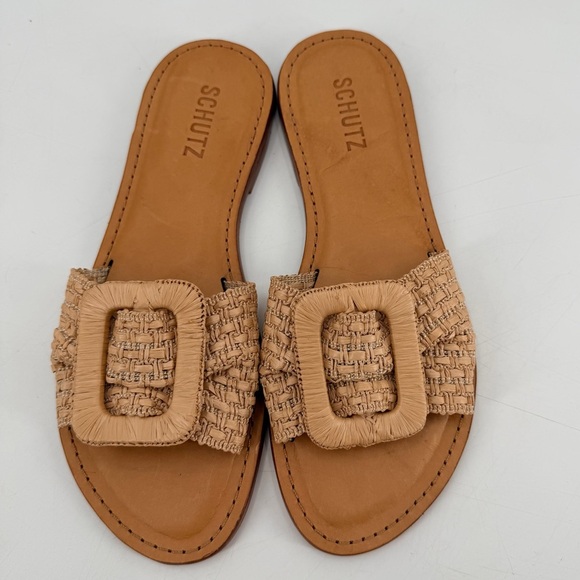 Schutz Raffia Cinna Flats Sandals 8 - Picture 3 of 5